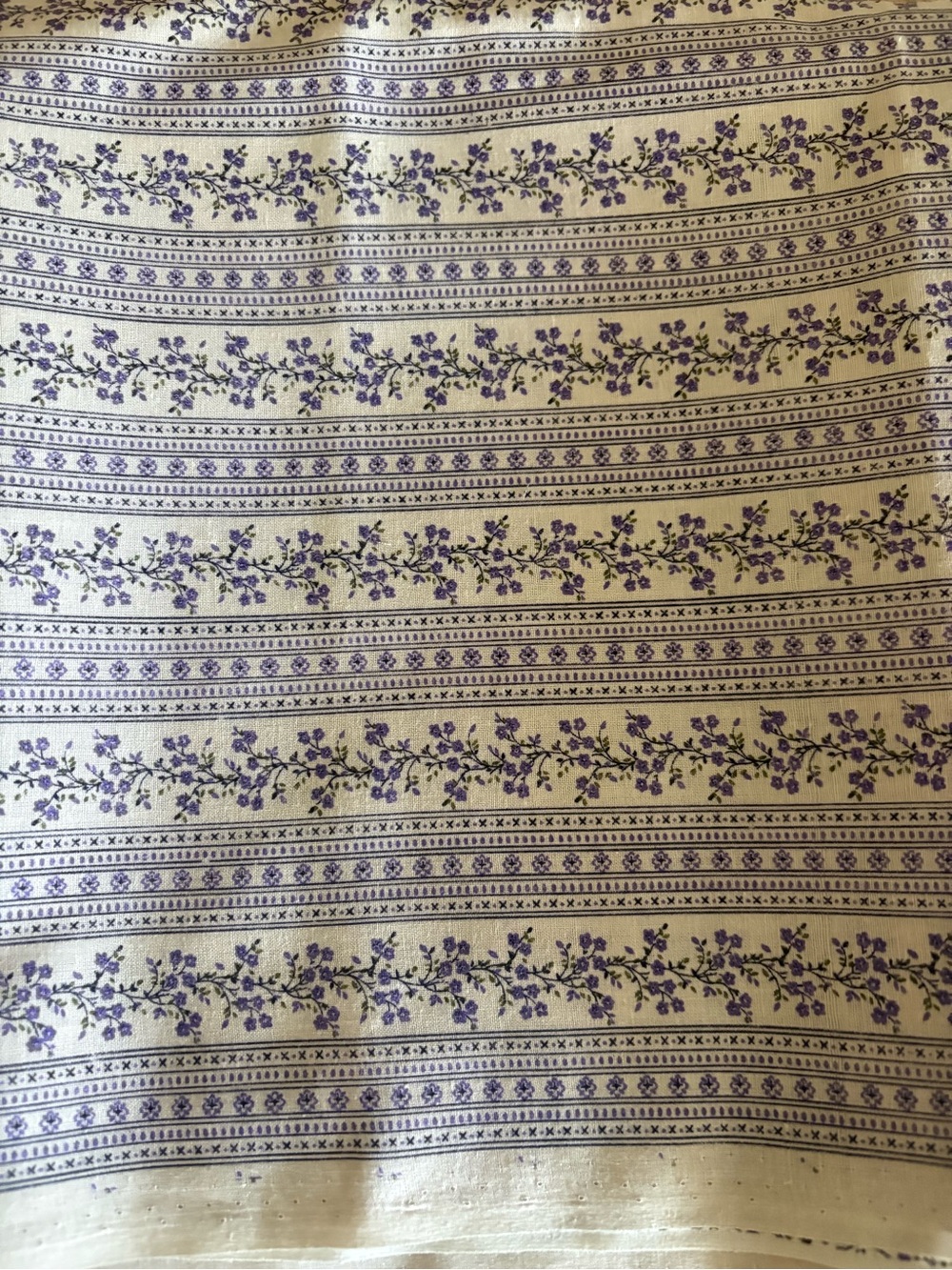 Floral Stripe Cotton Fabric Panel in Purple and Cream 1 yard